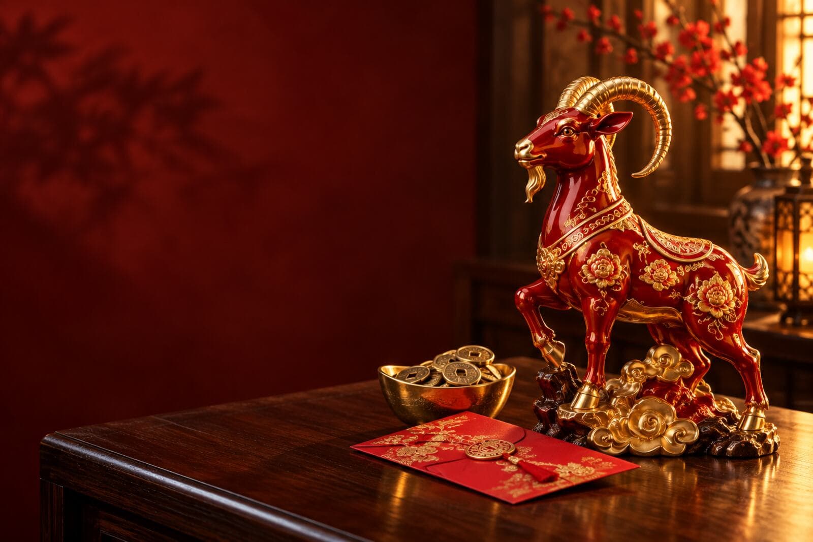 Figura de una cabra roja con dorado sobre una mesa de madera, junto a un sobre rojo y monedas chinas